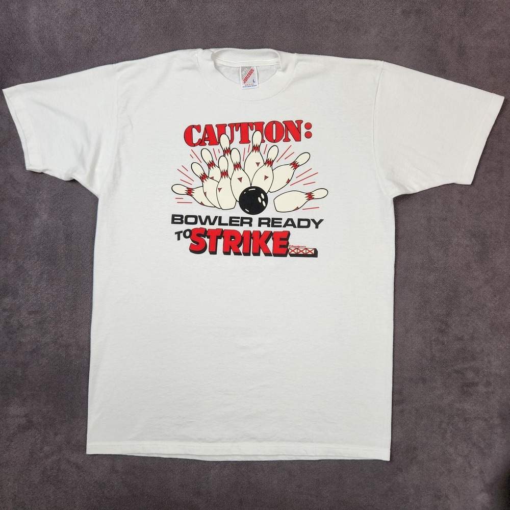 Vintage Caution Bowler Ready To Strike Shirt Mens Large‎ Bowling Graphic 90s